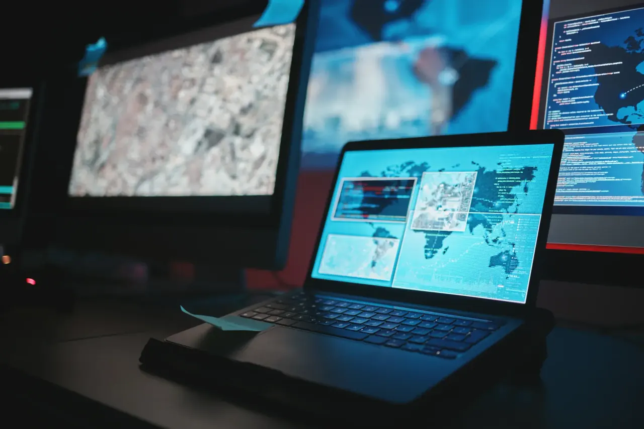 Poste informatique affichant du code et des cartes de surveillance technique.