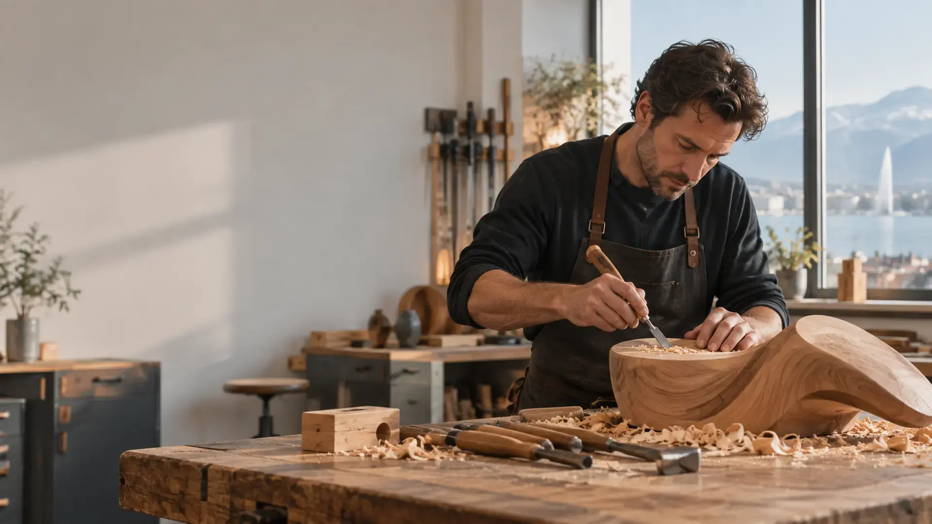 Artisan travaillant une pièce de bois dans son atelier à Genève