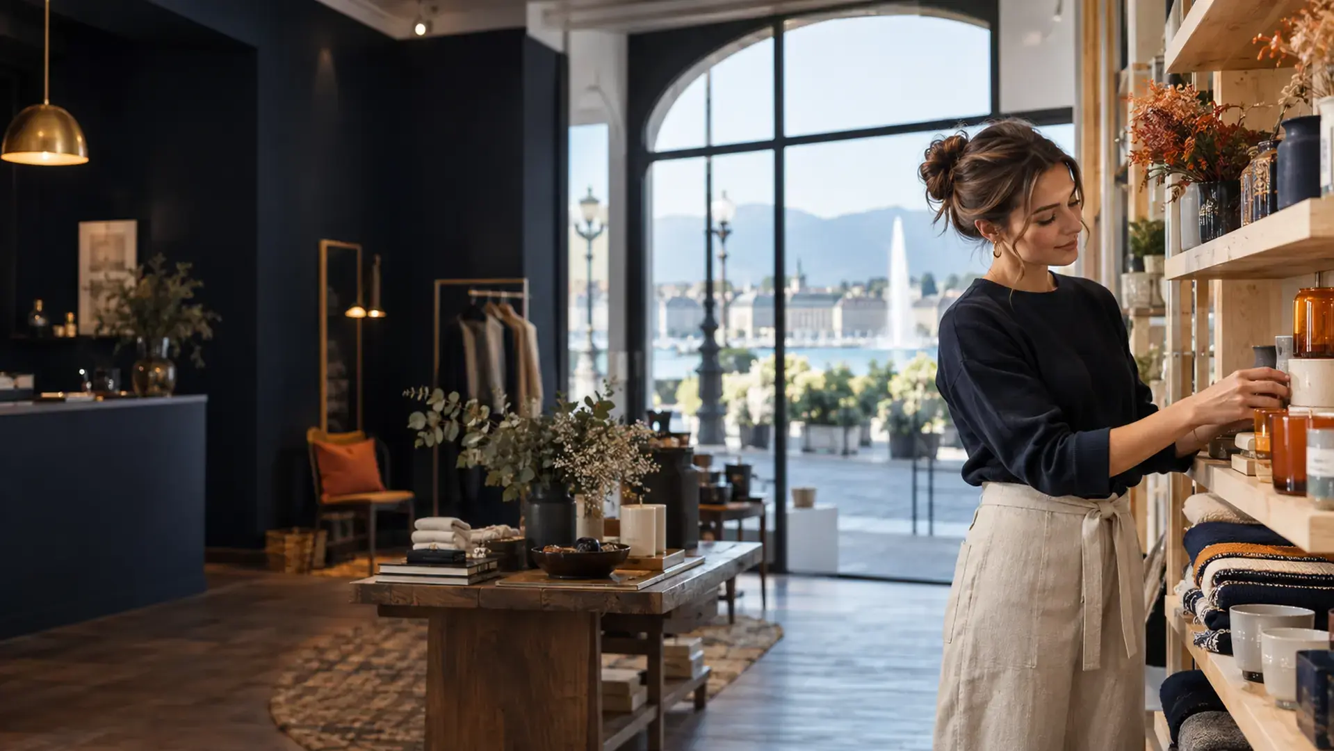 Commerçante présentant les produits de sa boutique à Genève