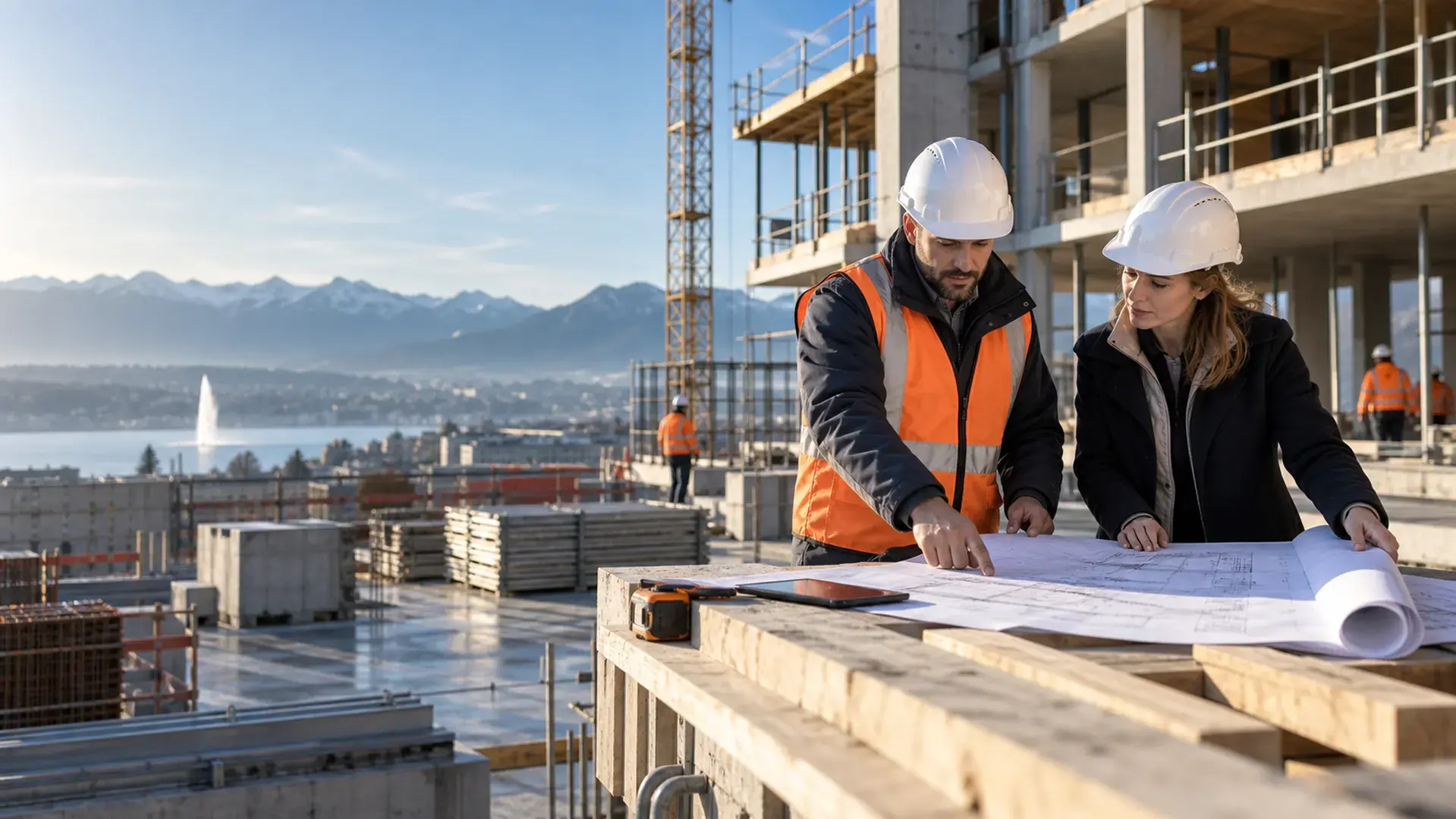 Professionnels du bâtiment étudiant des plans sur un chantier genevois