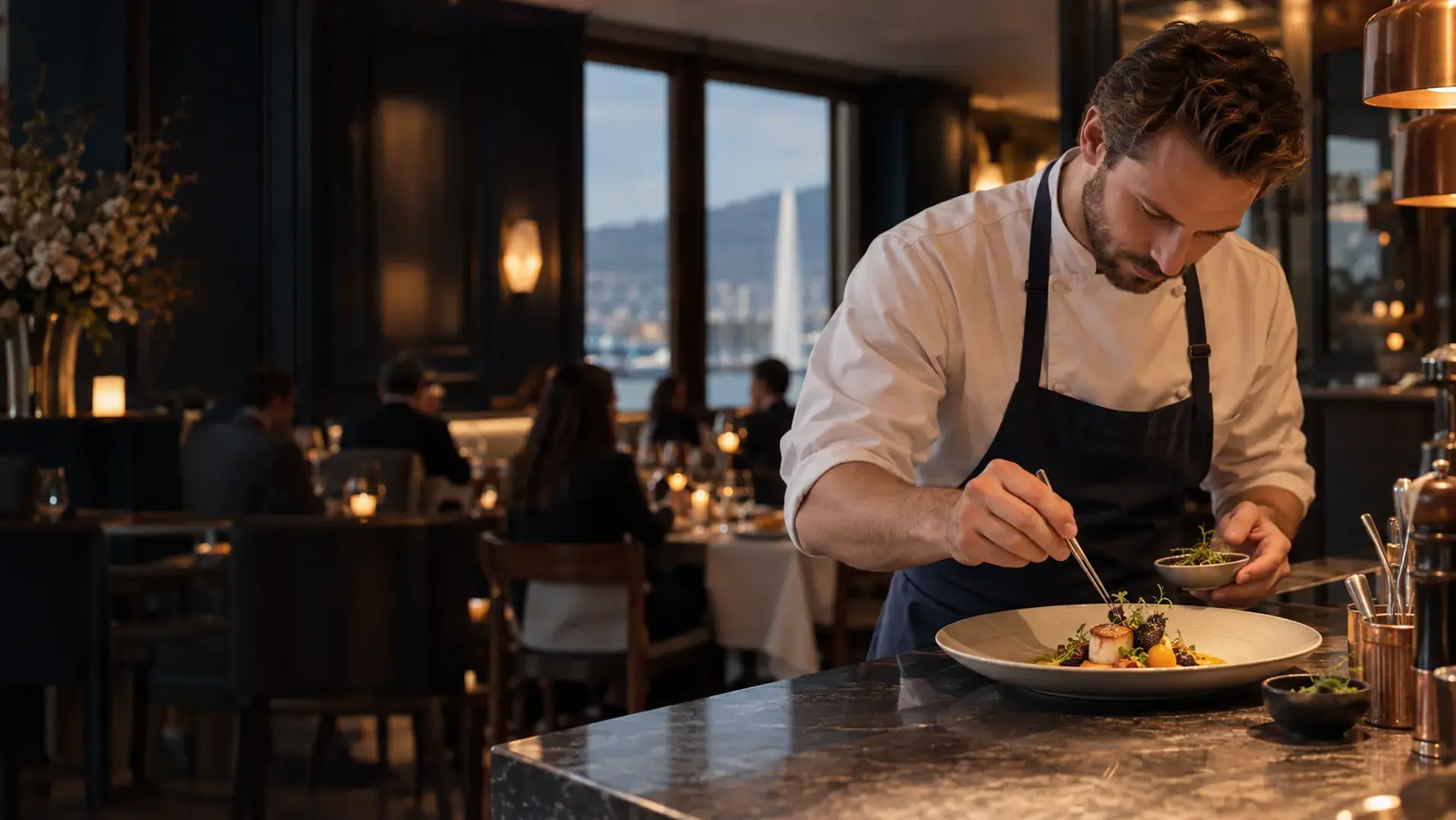 Chef dressant une assiette dans un restaurant à Genève