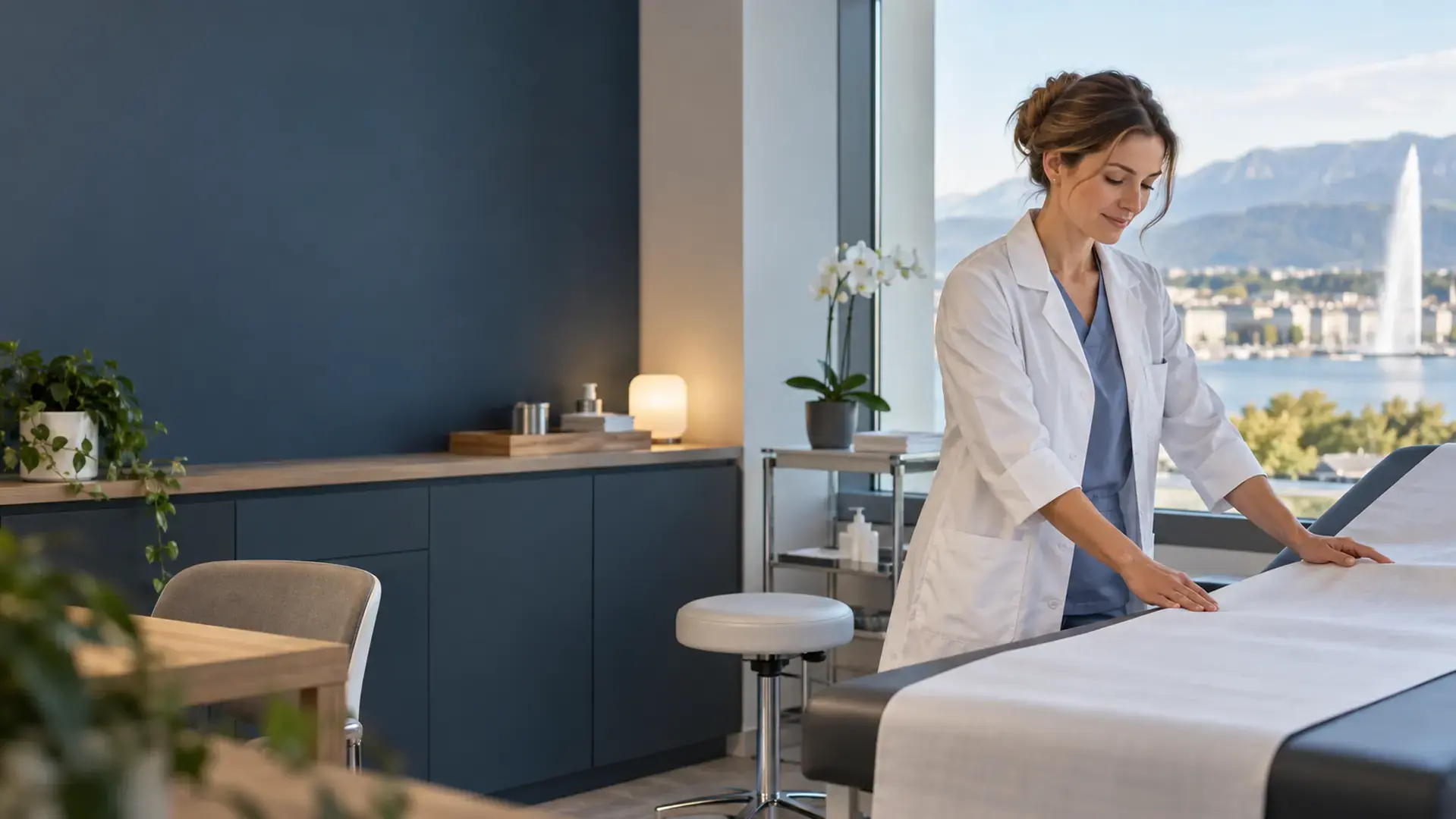 Professionnelle de santé préparant une salle de consultation à Genève
